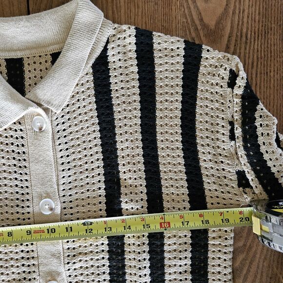 Women’s Striped Crochet Button Collared Cardigan Tan Black Mesh Lightweight, New - Picture 7 of 9